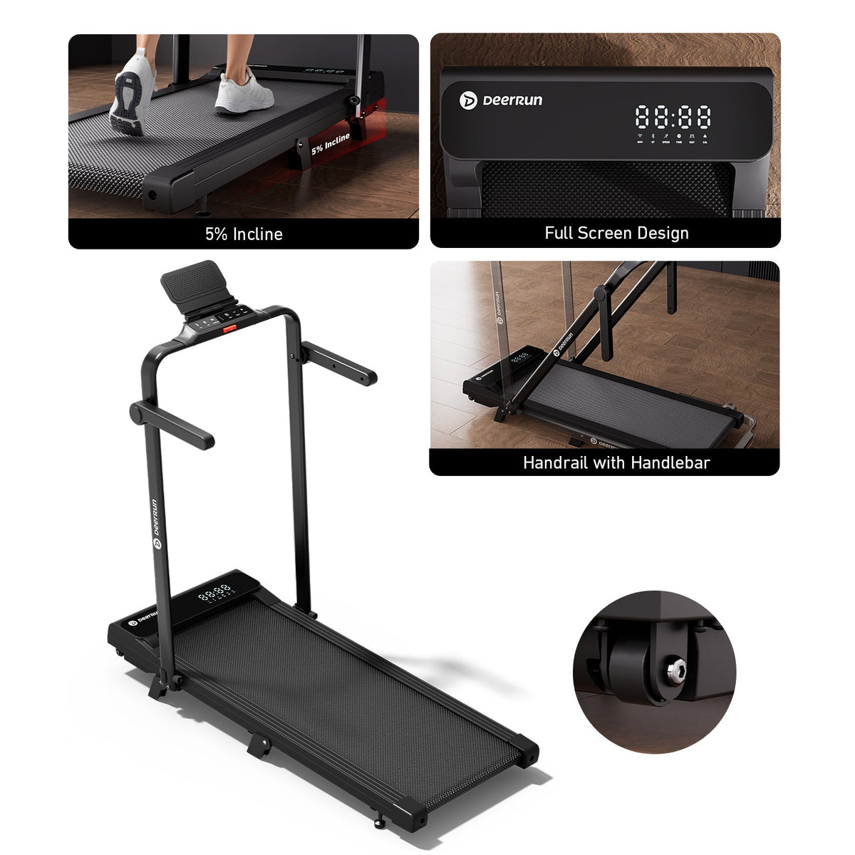 DeerRun A6 Plus Quiet 2-in-1 Foldable Treadmill for Home Walk, Run & Save Space -With 5% Incline, Handlebar & Full Display Screen