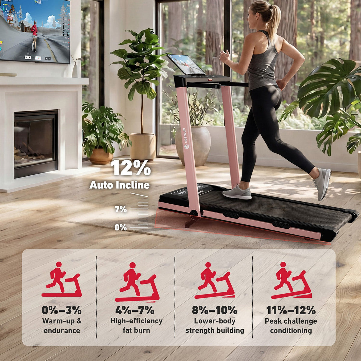 DeerRun Z10 Pro Muse Type 2 in 1 Foldable Treadmill with Remote Control, 12% Auto Incline, Pink