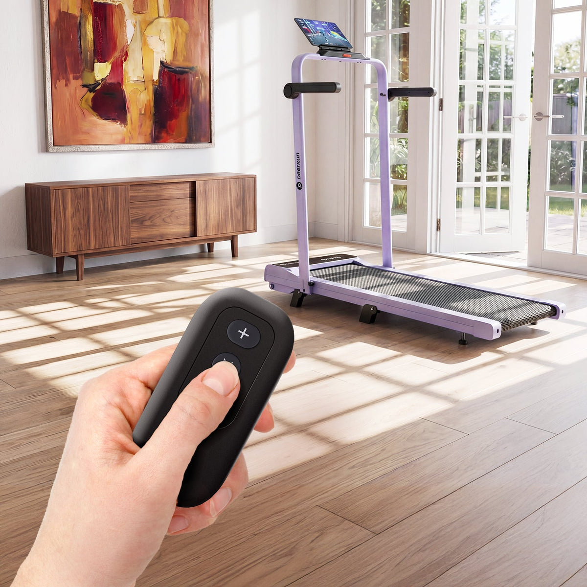 2026 New A6 Plus Handle 5% Incline 2 in 1 Foldable Treadmill with Whole Screen Upgraded Chip & NFC Support | 300 lbs, 7.5 mph, Purple