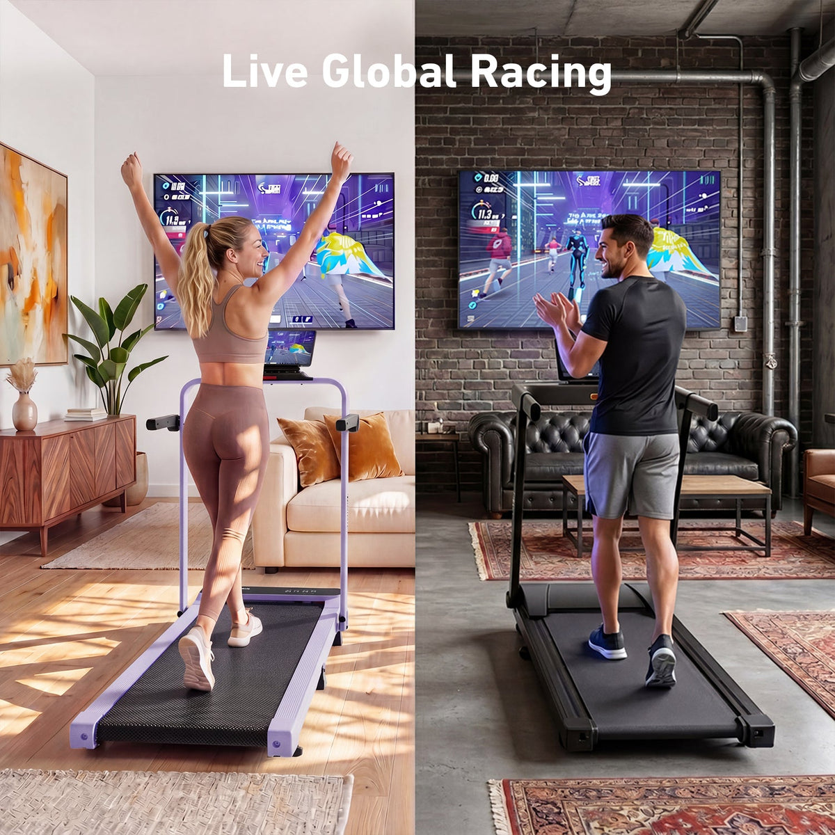 2026 New A6 Plus Handle 5% Incline 2 in 1 Foldable Treadmill with Whole Screen Upgraded Chip & NFC Support | 300 lbs, 7.5 mph, Purple