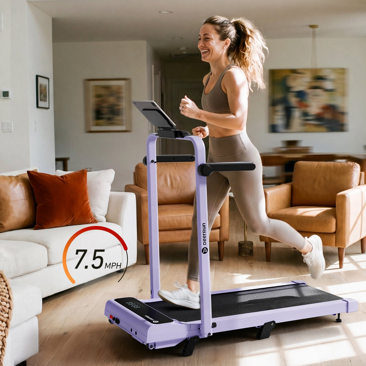 2026 New A6 Plus Handle 5% Incline 2 in 1 Foldable Treadmill with Whole Screen Upgraded Chip & NFC Support | 300 lbs, 7.5 mph, Purple