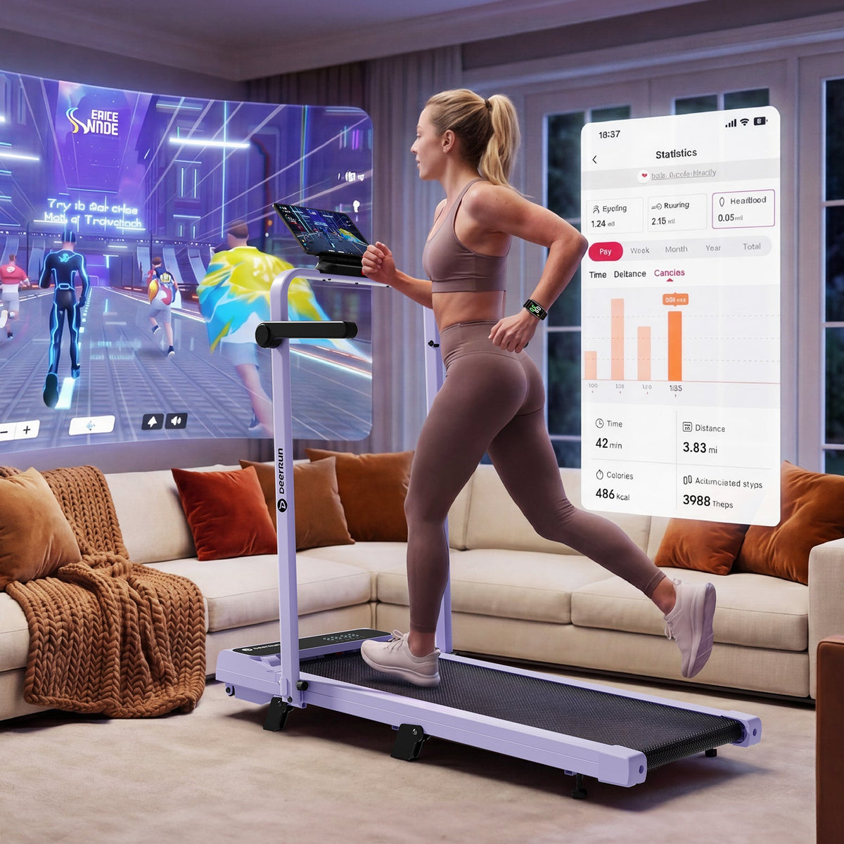 2026 New A6 Plus Handle 5% Incline 2 in 1 Foldable Treadmill with Whole Screen Upgraded Chip & NFC Support | 300 lbs, 7.5 mph, Purple