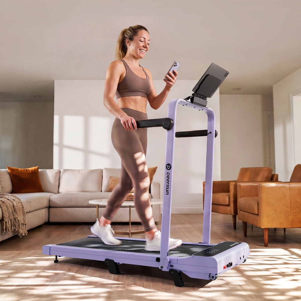 2026 New A6 Plus Handle 5% Incline 2 in 1 Foldable Treadmill with Whole Screen Upgraded Chip & NFC Support | 300 lbs, 7.5 mph, Purple