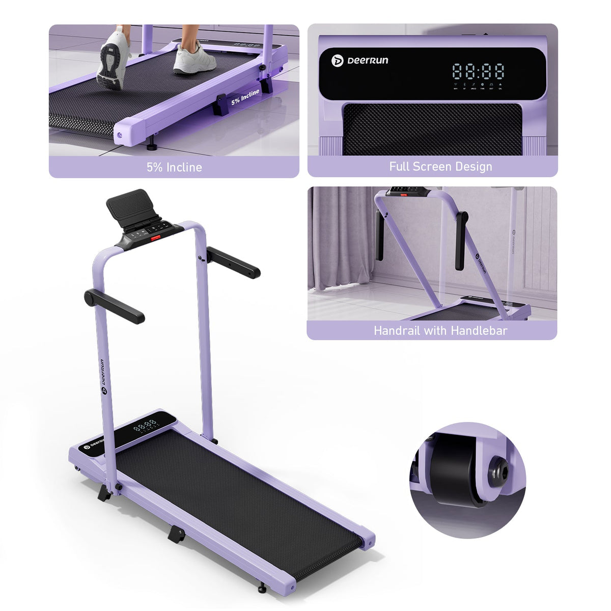 2026 New A6 Plus Handle 5% Incline 2 in 1 Foldable Treadmill with Whole Screen Upgraded Chip & NFC Support | 300 lbs, 7.5 mph, Purple